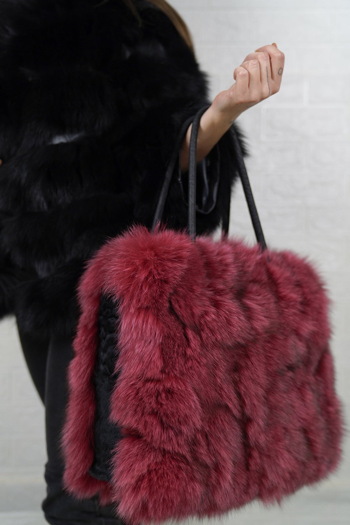 Fox Fur Bag Red Purple — Large Tote, Leather Handles — side view showing the depth of the bag and the long red purple fox pile, TatiFurs