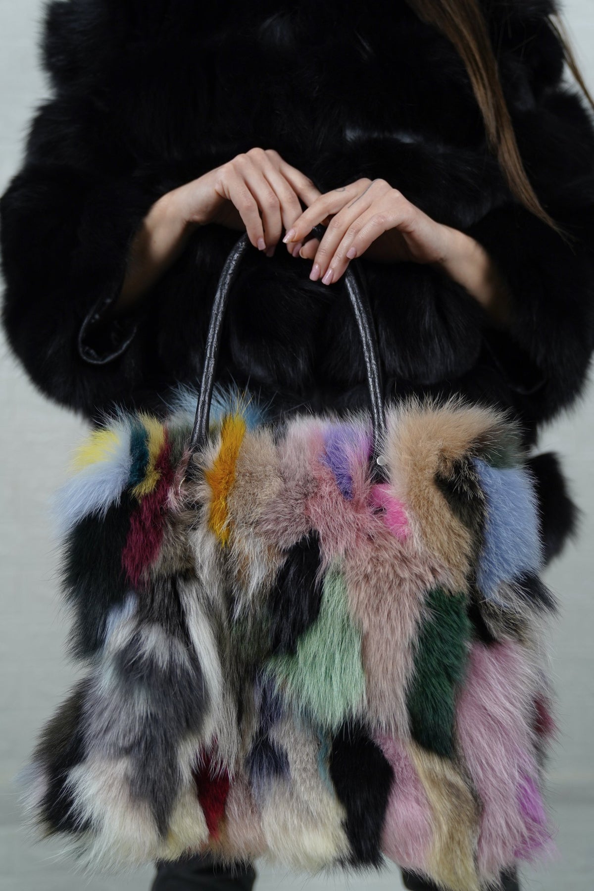 Fox Fur Bag Multicolor — Large Tote, Leather Handles — close-up front view of the multicolor fox fur pieces and black leather handles, TatiFurs