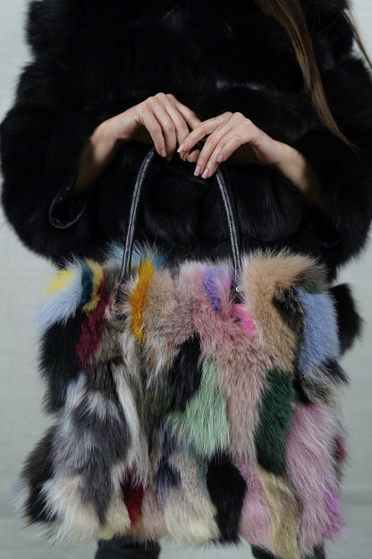 Fox Fur Bag Multicolor — Large Tote, Leather Handles — close-up front view of the multicolor fox fur pieces and black leather handles, TatiFurs