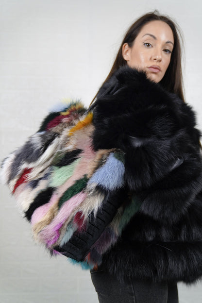 Fox Fur Bag Multicolor — Large Tote, Leather Handles — carried on the shoulder, side view of the large multicolor fox fur tote, TatiFurs