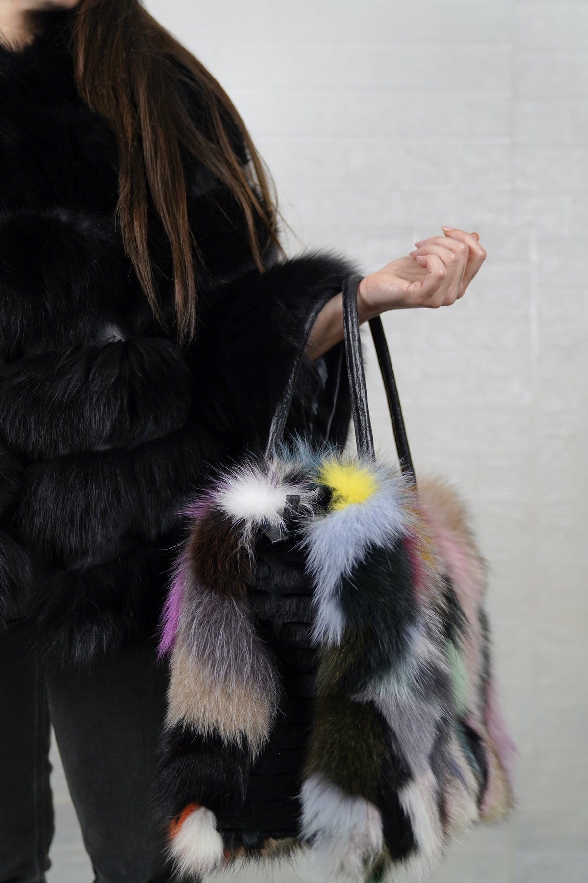 Fox Fur Bag Multicolor — Large Tote, Leather Handles — side view showing the depth of the bag and the long multicolor fox pile, TatiFurs