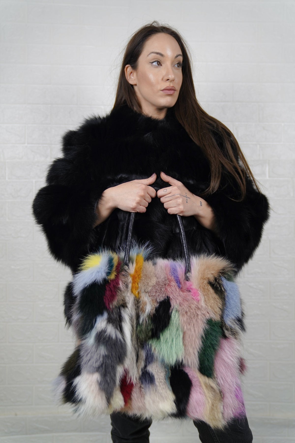 Fox Fur Bag Multicolor — Large Tote, Leather Handles — front view held by a model in a black fox fur jacket, black leather handles, TatiFurs
