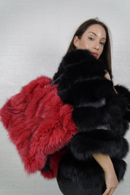 Fox Fur Bag Red — Large Tote, Leather Handles — carried on the shoulder, side view of the large red fox fur tote, TatiFurs