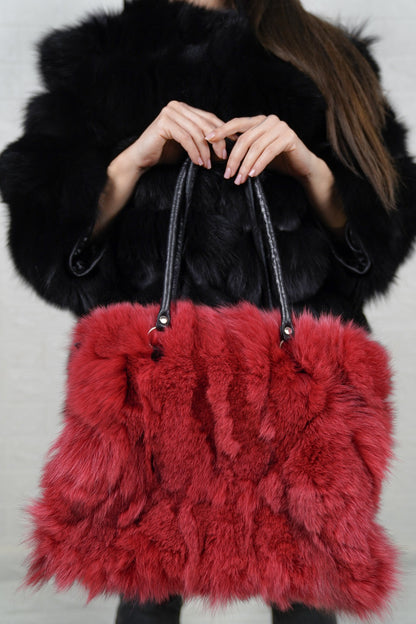 Fox Fur Bag Red — Large Tote, Leather Handles — close-up front view of the red fox fur rows and black leather handles, TatiFurs