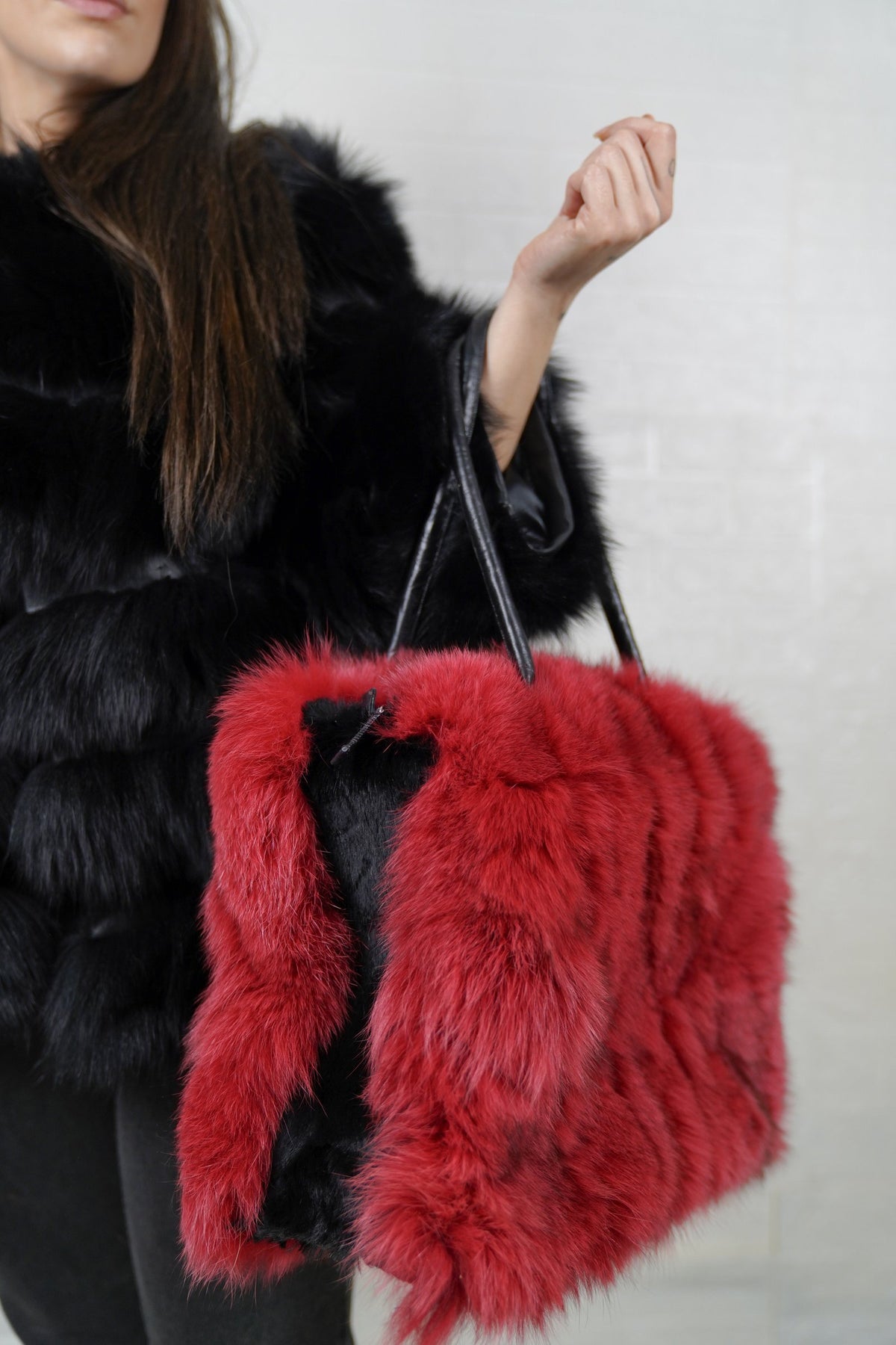 Fox Fur Bag Red — Large Tote, Leather Handles — side view showing the depth of the bag and the long red fox pile, TatiFurs