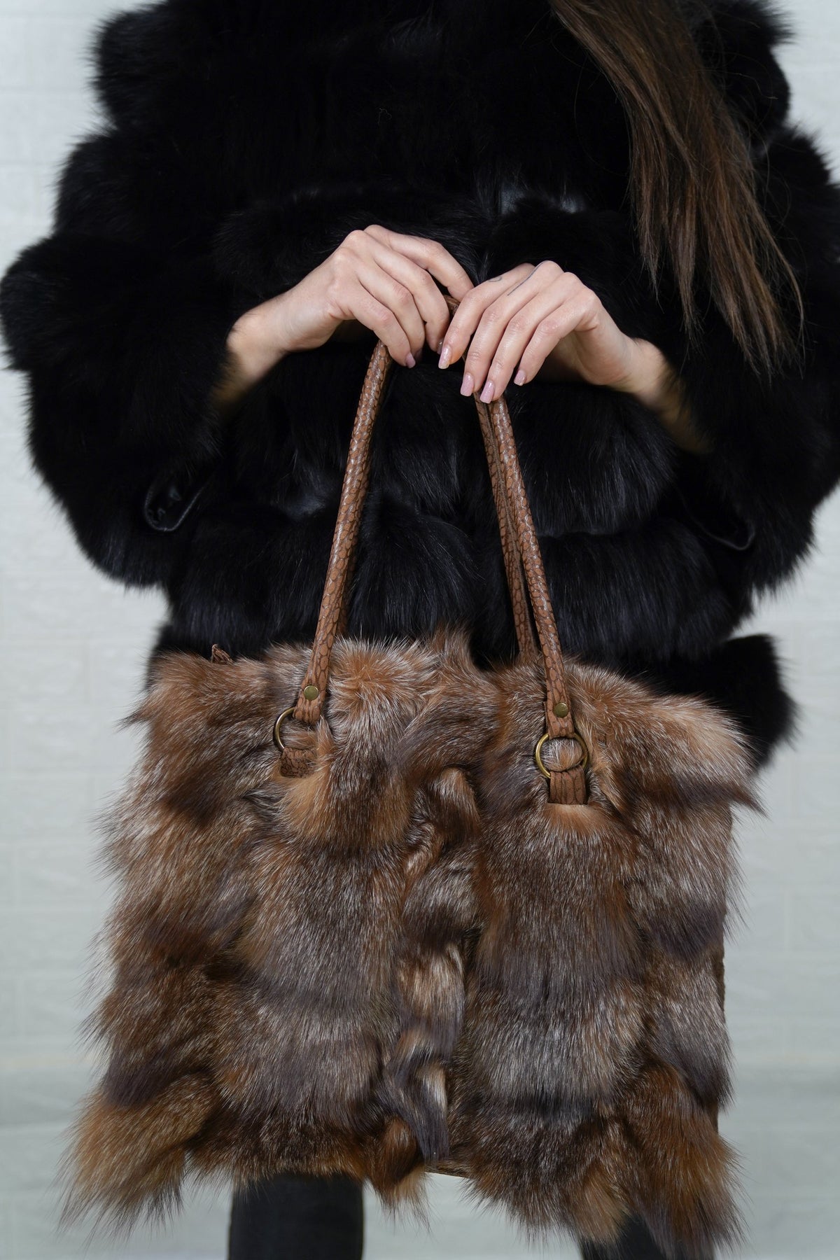 Fox Fur Bag Natural Crystal — Large Tote, Leather Handles — close-up front view of the natural crystal fox fur and brown braided leather handles, TatiFurs