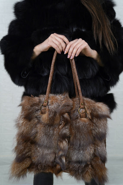 Fox Fur Bag Natural Crystal — Large Tote, Leather Handles — close-up front view of the natural crystal fox fur and brown braided leather handles, TatiFurs