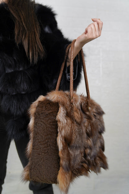 Fox Fur Bag Natural Crystal — Large Tote, Leather Handles — side view showing the depth of the bag and the long natural crystal fox pile, TatiFurs