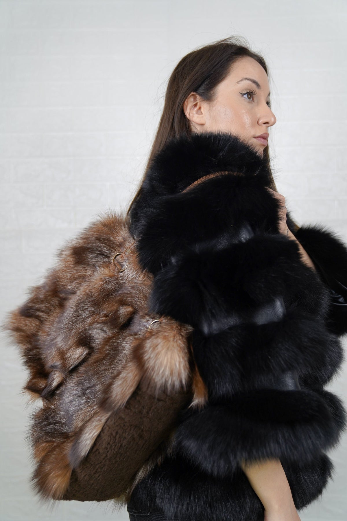 Fox Fur Bag Natural Crystal — Large Tote, Leather Handles — carried on the shoulder, side view of the large natural crystal fox fur tote, TatiFurs