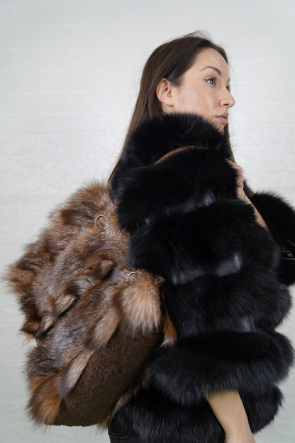 Fox Fur Bag Natural Crystal — Large Tote, Leather Handles — carried on the shoulder, side view of the large natural crystal fox fur tote, TatiFurs