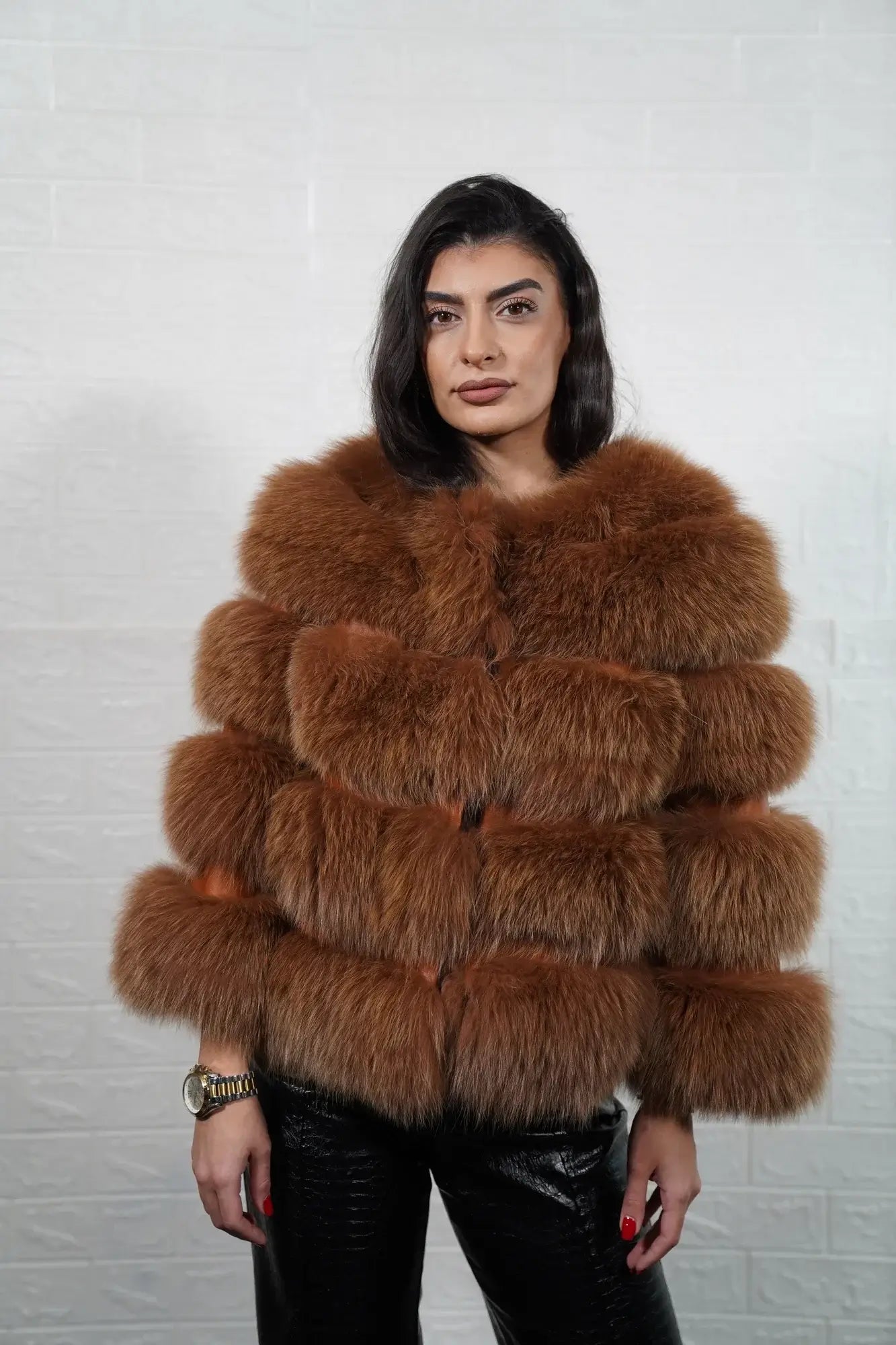Fox fur jacket camel brown leather trim bomber hip level women — front view, TatiFurs
