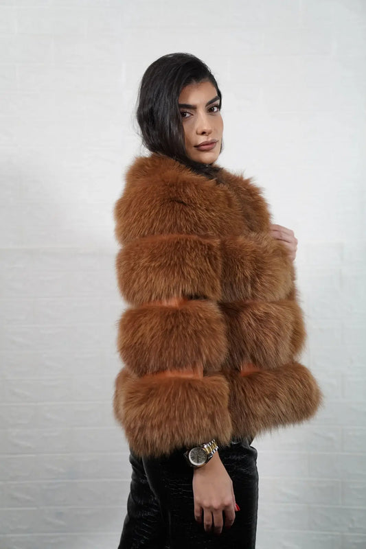 Fox fur jacket camel brown displaying full skin camel brown fox horizontal rows with clean leather strips and collarless bomber silhouette — Greek craftsmanship, TatiFurs
