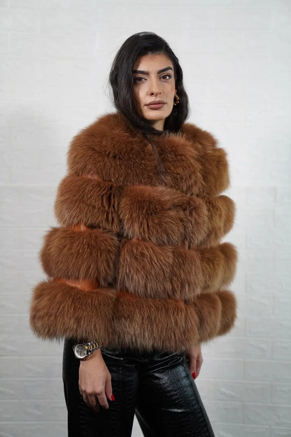 Fox fur jacket camel brown women shown full length from front displaying collarless bomber silhouette and button closure in horizontal leather framed camel brown fox rows — Greek craftsmanship, TatiFurs
