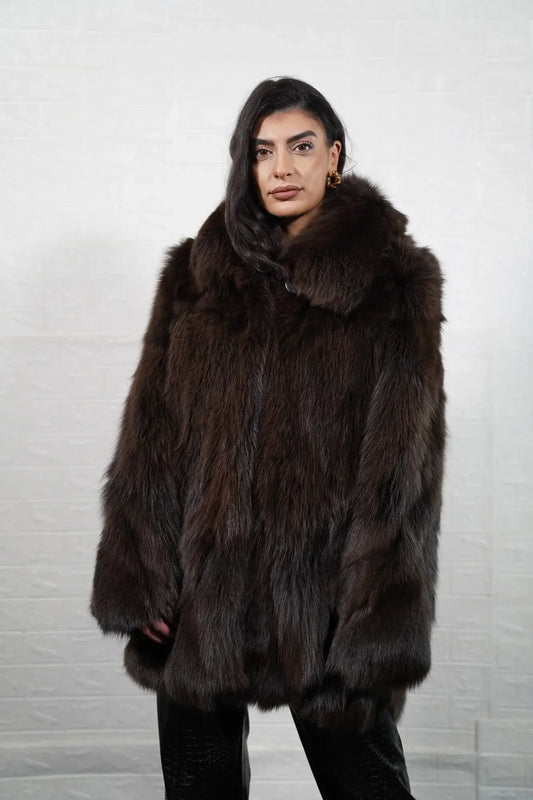 Fox fur coat brown collar knee length women — front view, TatiFurs
