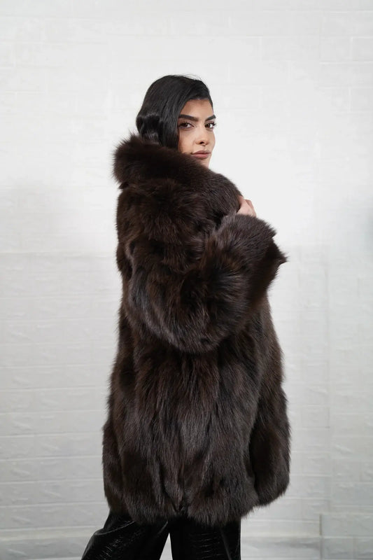 Fox fur coat brown with collar displaying deep warm brown fox tone and full knee length silhouette — Greek craftsmanship, TatiFurs
