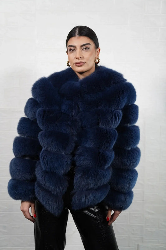 Fox fur jacket blue displaying full skin blue fox horizontal rows with clean leather strips and hip level silhouette — Greek craftsmanship, TatiFurs
