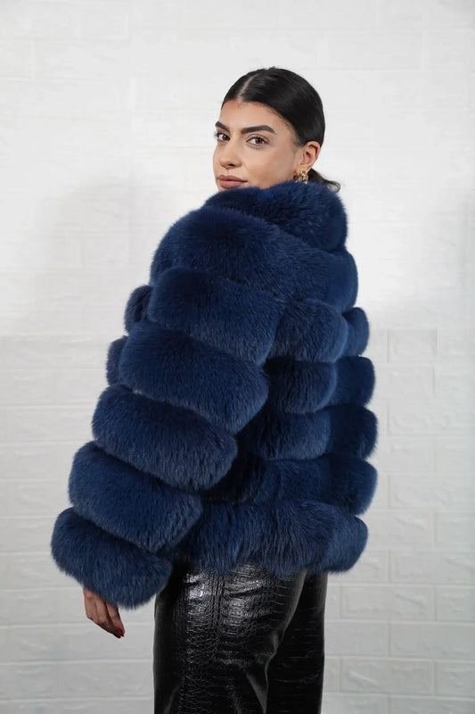 Fox fur jacket blue leather trim hip level women — front view, TatiFurs
