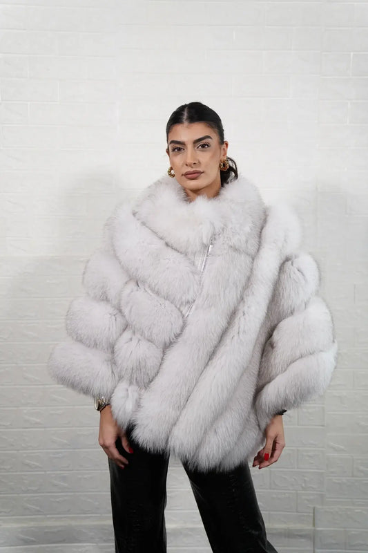 Fox fur poncho blue natural rabbit trim zipper hip level women — front view, TatiFurs
