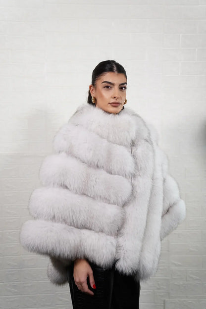 Fox fur poncho blue natural — detail shot of premium satin lining inside hip level poncho — Greek craftsmanship, TatiFurs
