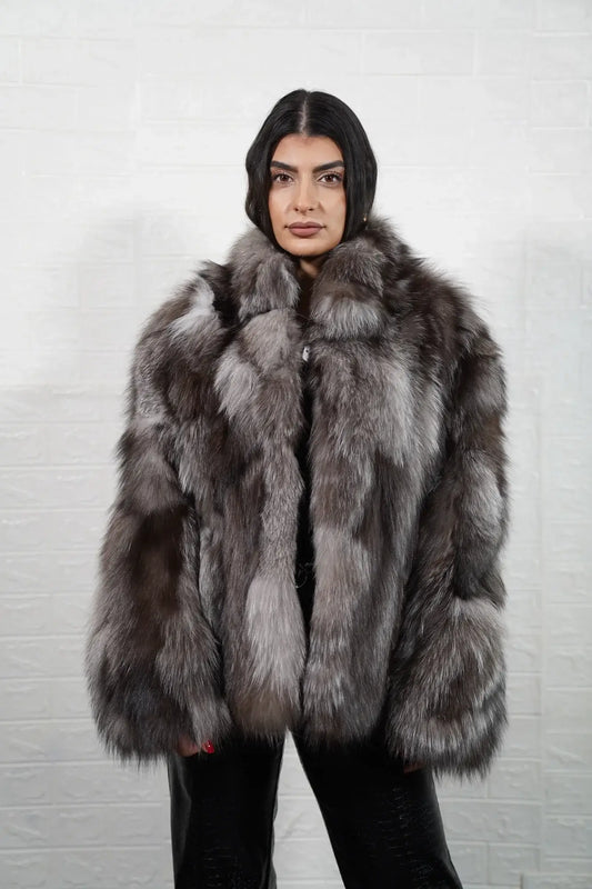Fox fur jacket frost with collar displaying natural cool silver grey frost fox tone and hip level silhouette — Greek craftsmanship, TatiFurs
