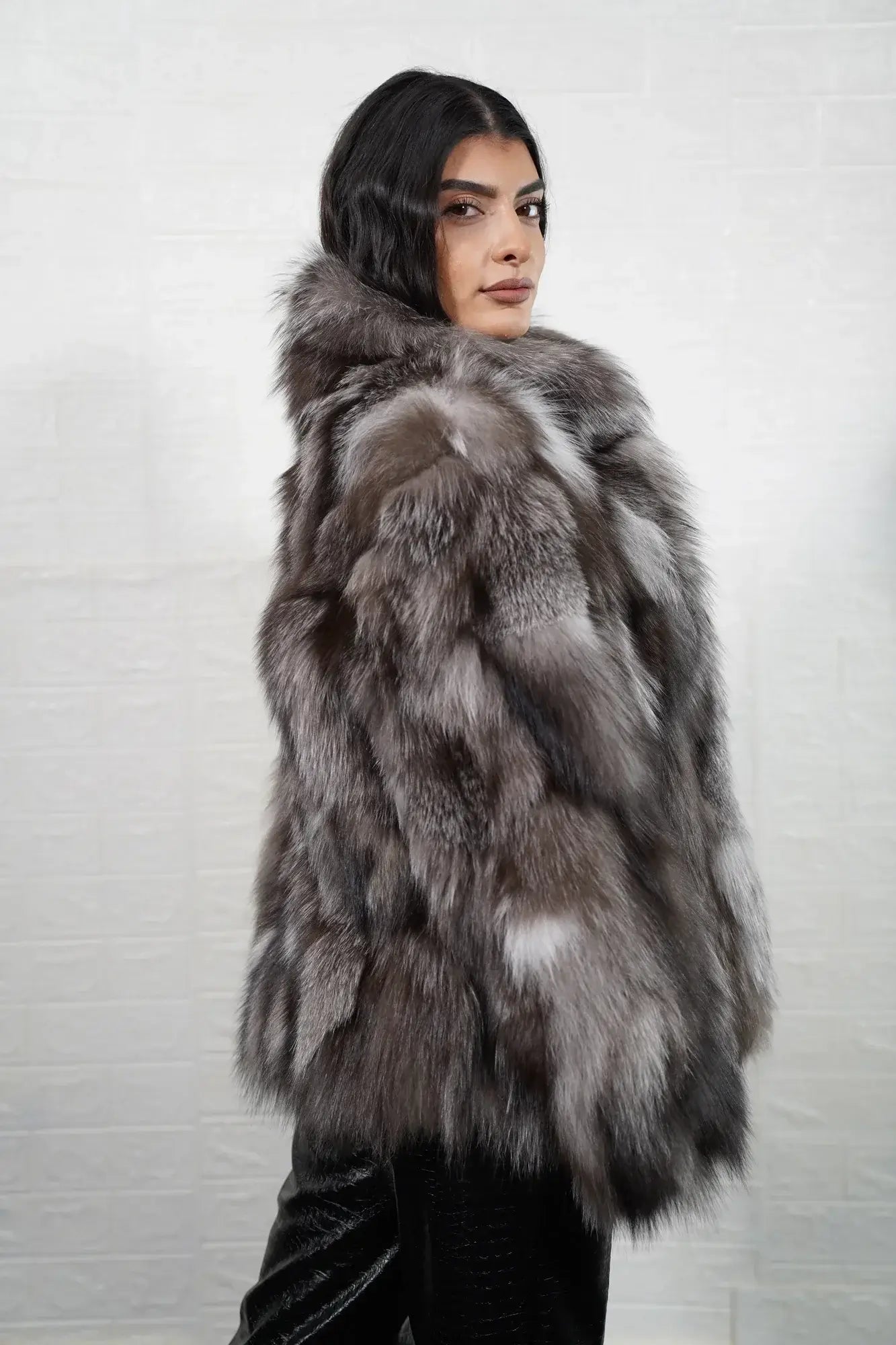 Fox fur jacket frost shown from the side displaying hip level silhouette and natural cool luminous frost fox drape — Greek craftsmanship, TatiFurs
