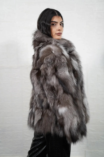 Fox fur jacket frost shown from the side displaying hip level silhouette and natural cool luminous frost fox drape — Greek craftsmanship, TatiFurs
