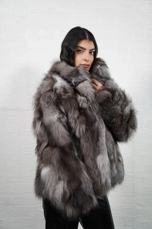 Fox fur jacket frost collar hip level women — front view, TatiFurs
