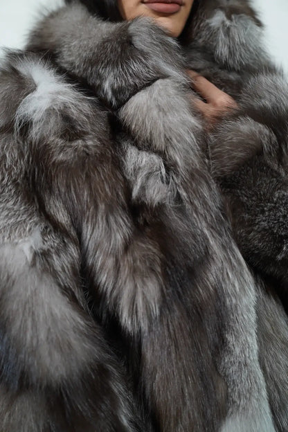Fox fur jacket frost women shown full length from front displaying collar frame and button closure in natural luminous frost fox — Greek craftsmanship, TatiFurs
