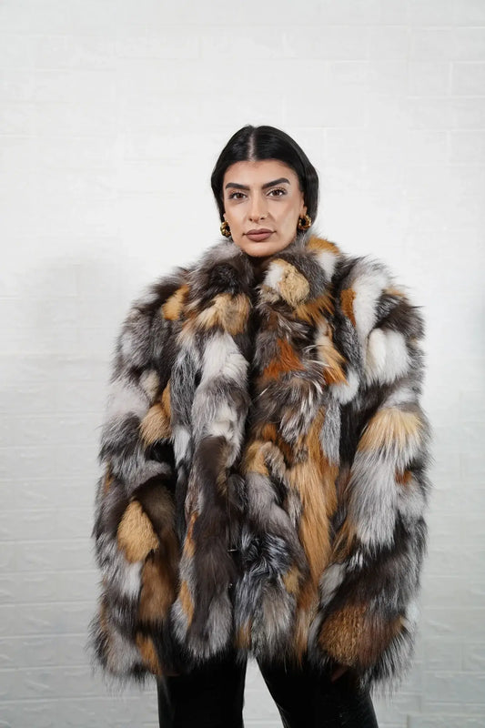 Fox fur jacket gross natural collar hip level women — front view, TatiFurs
