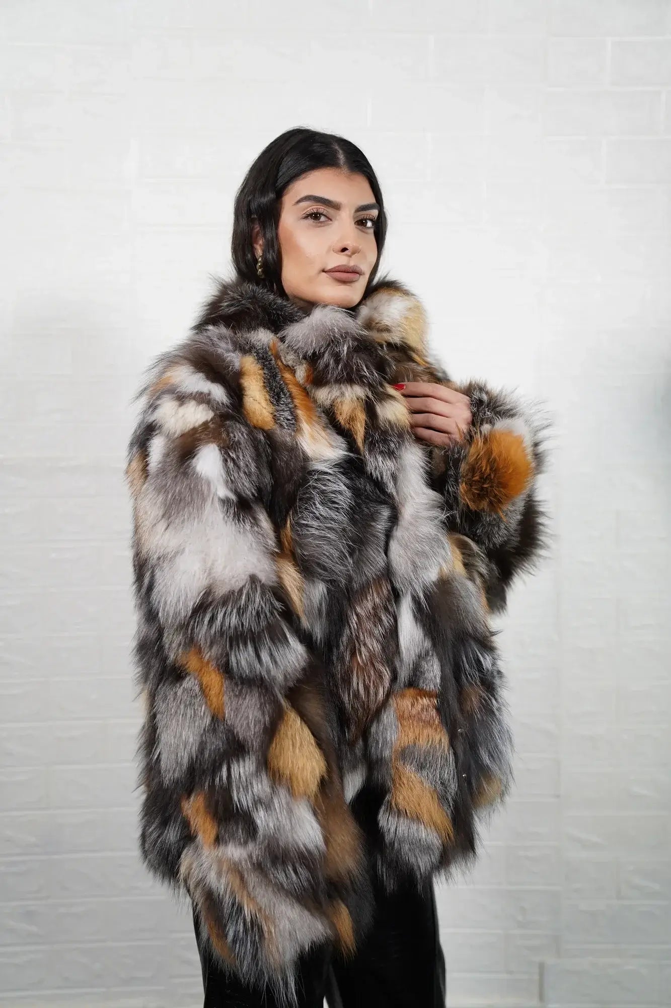 Fox fur jacket gross natural close-up texture showing warm undyed natural fox pile depth and living tonal variation — Greek craftsmanship, TatiFurs
