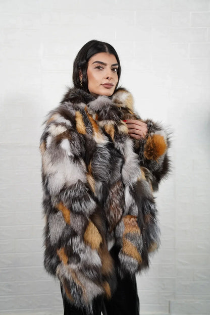 Fox fur jacket gross natural close-up texture showing warm undyed natural fox pile depth and living tonal variation — Greek craftsmanship, TatiFurs

