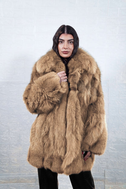 fox fur jacket camel brown collared — front view, plush shawl collar, mid length, TatiFurs