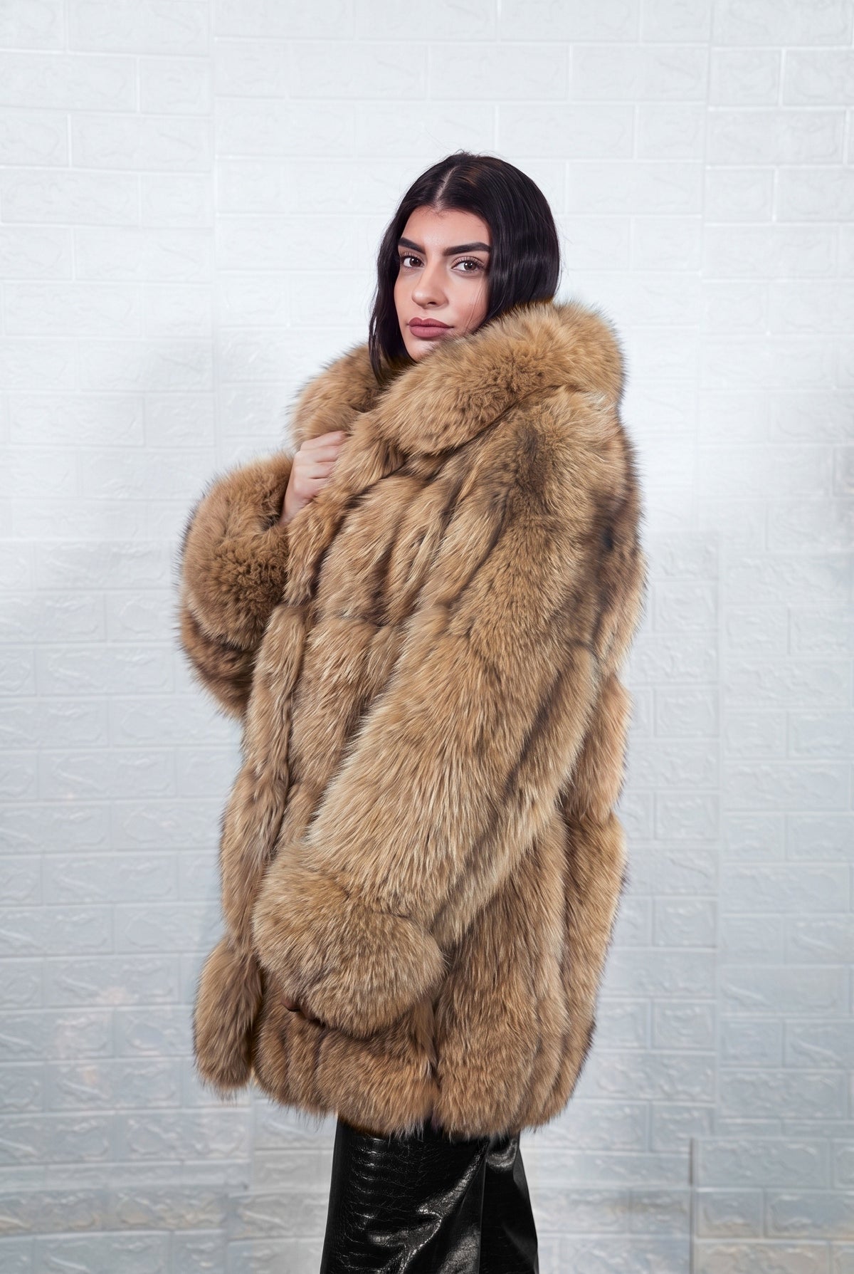 fox fur jacket camel brown collared three-quarter view showing the warm camel brown fox fur pile and mid length cut — TatiFurs