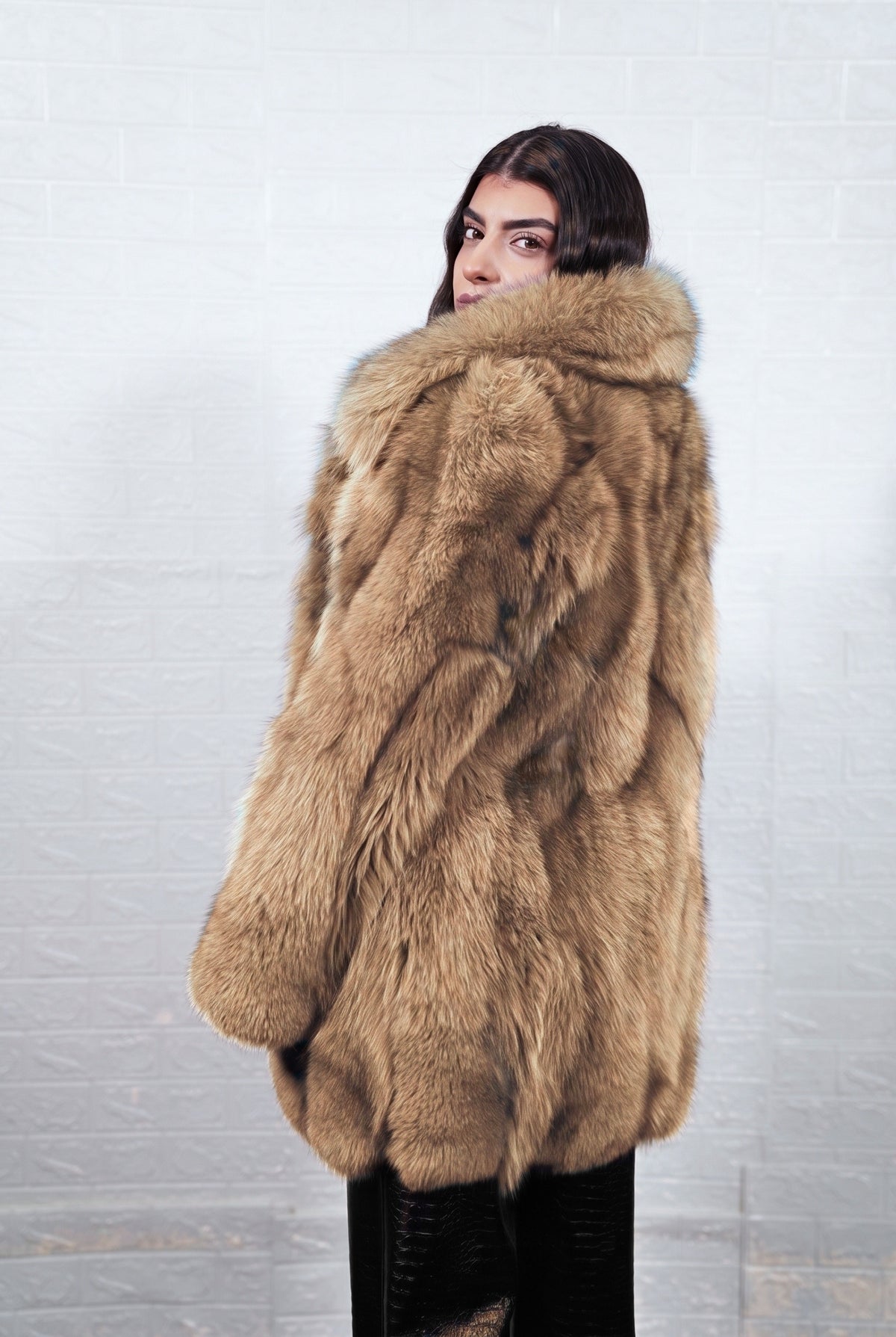 fox fur jacket camel brown collared side view over the shoulder showing the collar and hip-covering length — TatiFurs