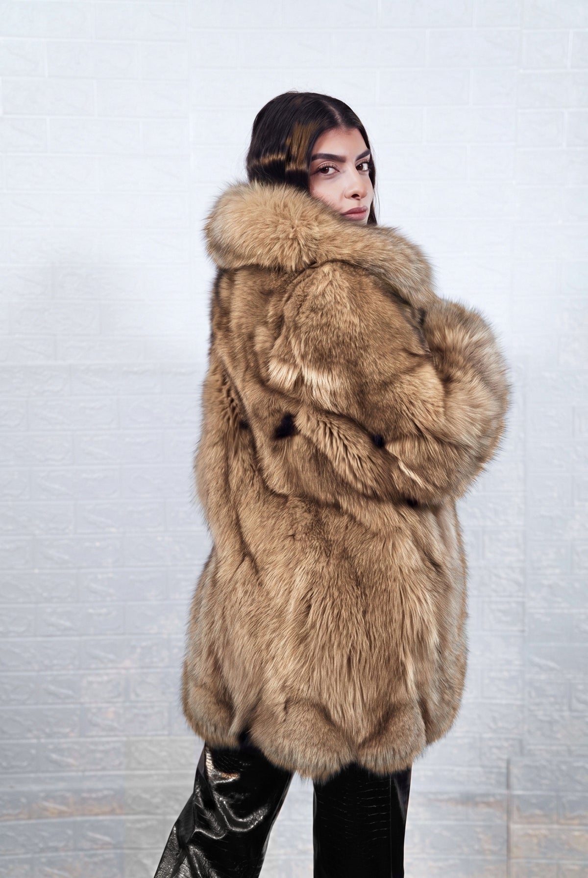 fox fur jacket camel brown collared shown from the back displaying the full mid length silhouette in camel brown fox — Greek craftsmanship, TatiFurs