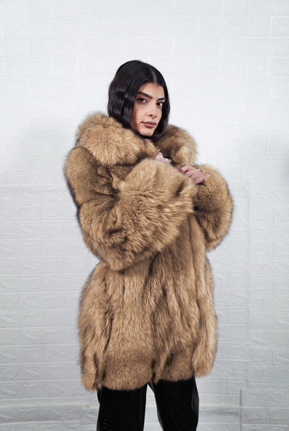 fox fur jacket camel brown collared worn with hands on the collar, wide fox fur sleeves in camel brown — Greek craftsmanship, TatiFurs