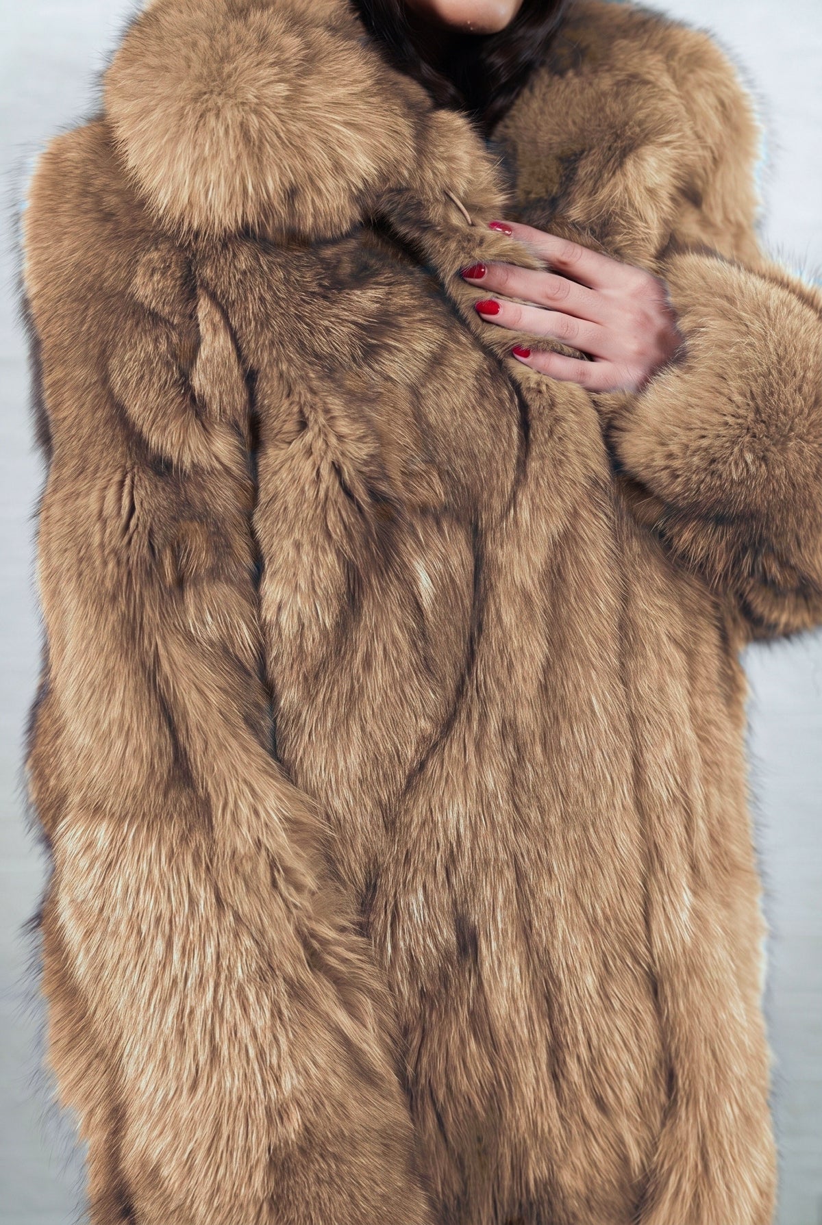 fox fur jacket camel brown collared close-up of the camel brown fox fur texture and plush collar — TatiFurs