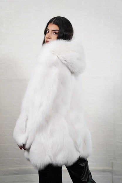 Fox fur coat white shown from the back displaying full above knee silhouette and consistent solid pattern white fox panel surface — Greek craftsmanship, TatiFurs
