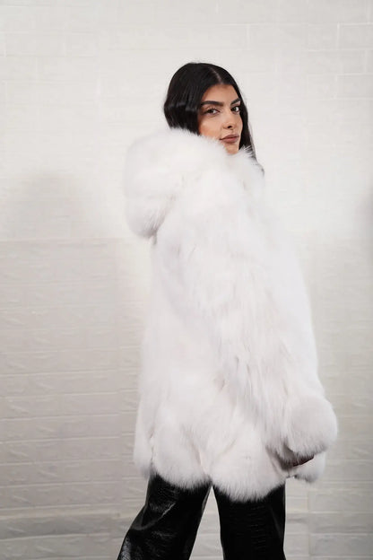 Fox fur coat white close-up texture showing solid pattern colour matched white fox panel pile depth and uniform luminous surface — Greek craftsmanship, TatiFurs
