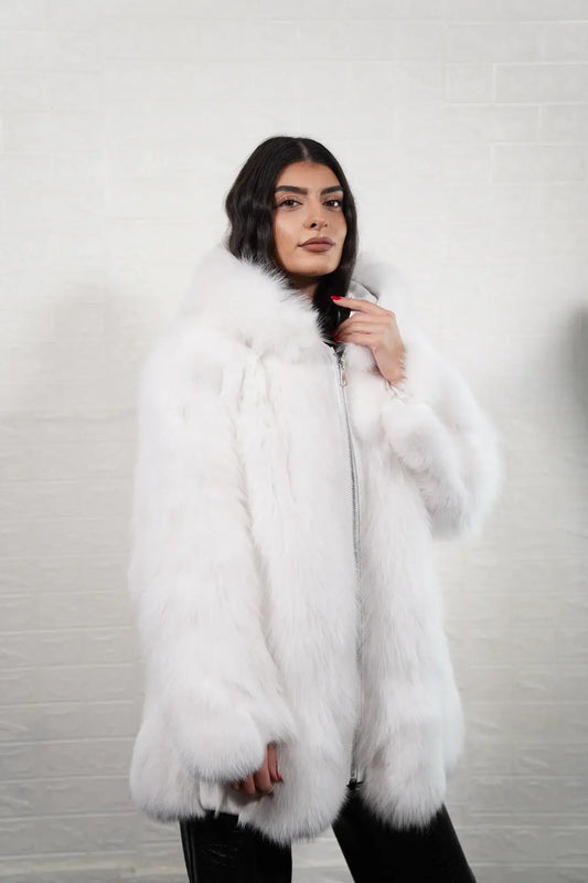 Fox fur coat white hooded zipper above knee women — front view hood down, TatiFurs
