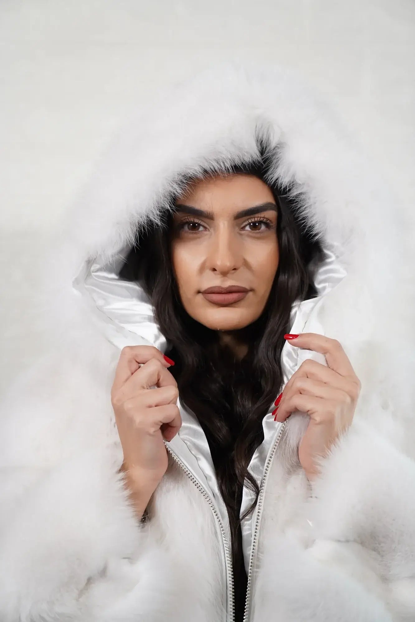 Fox fur coat white women shown full length from front displaying hooded silhouette and zipper closure in solid pattern luminous white fox — Greek craftsmanship, TatiFurs
