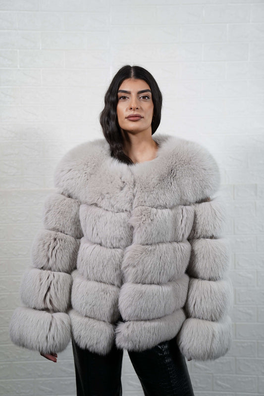 Gray fox fur jacket rabbit trim bomber hip level women — front view, TatiFurs
