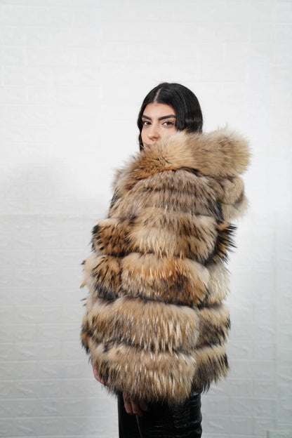 Finn raccoon fur jacket natural close-up texture showing full skin Finnish raccoon extraordinary long pile and horizontal leather strip construction — Greek craftsmanship, TatiFurs
