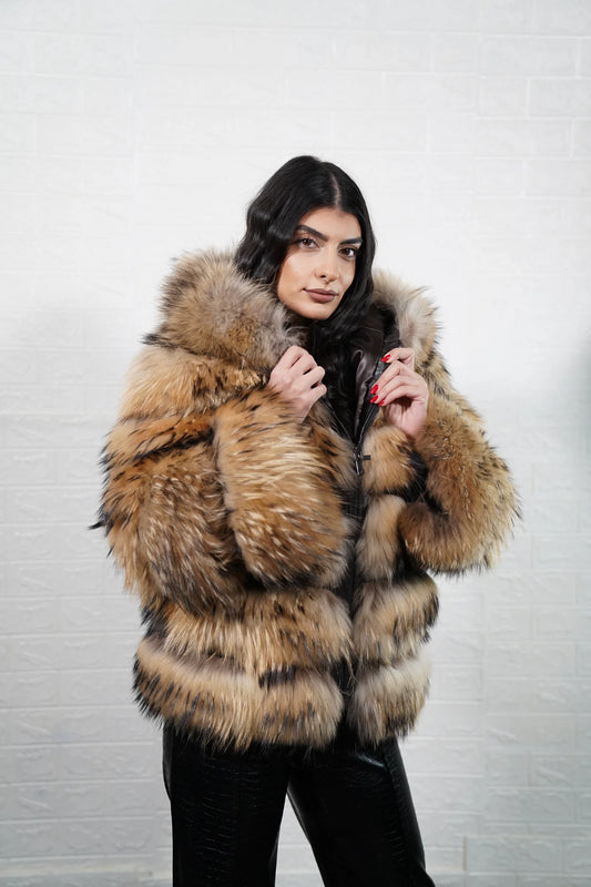 Finn raccoon fur jacket natural leather trim hooded zipper hip level women — front view hood down, TatiFurs

