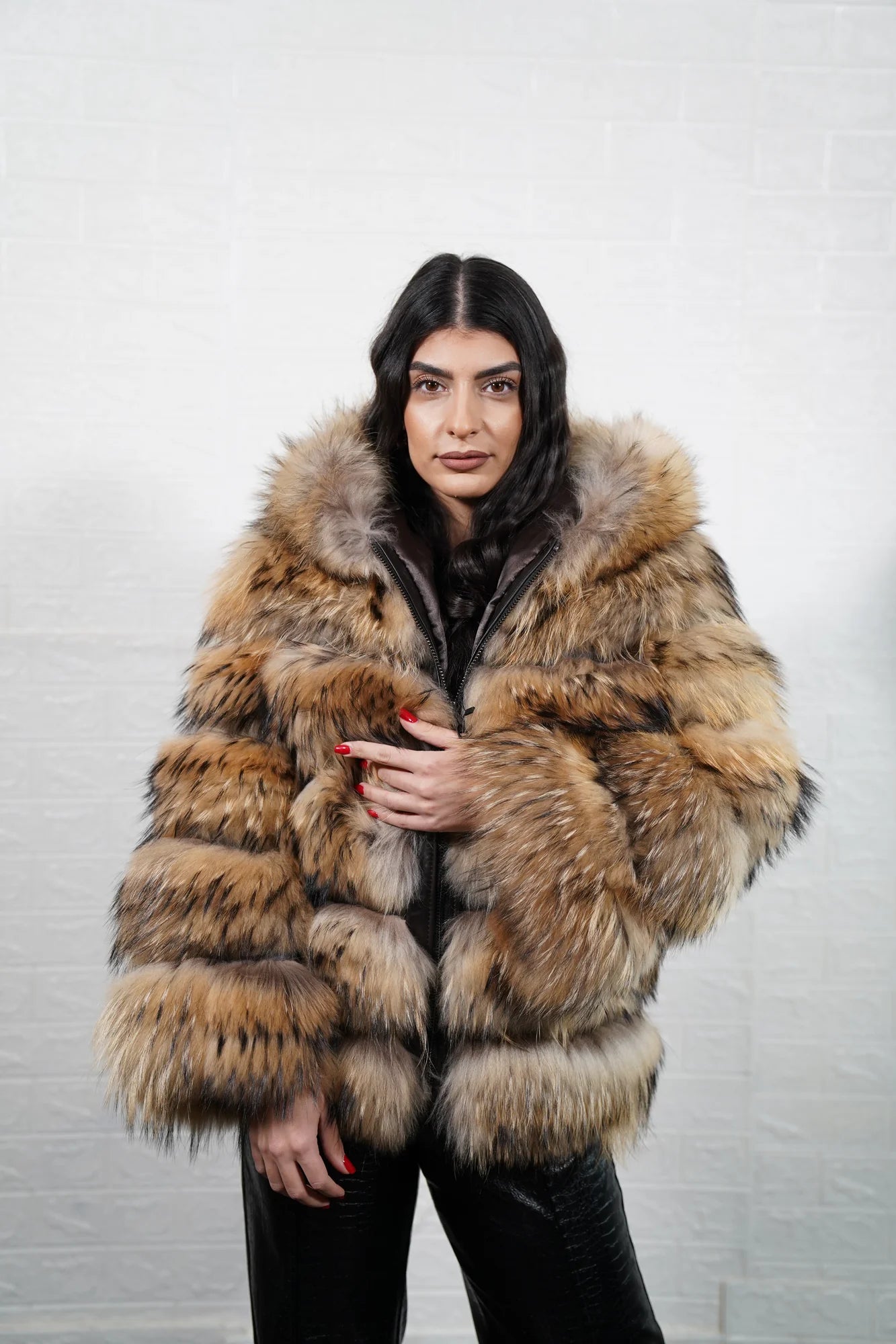 Finn raccoon fur jacket natural — detail shot of premium satin lining inside hip level jacket — Greek craftsmanship, TatiFurs
