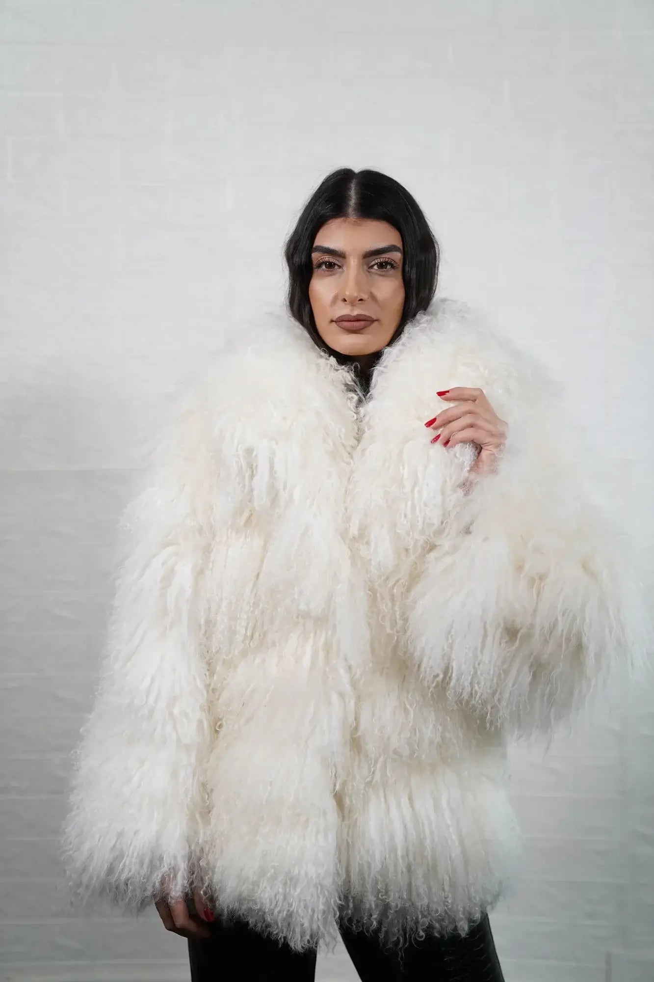 Mongolian jacket white wool sheepskin collar button closure hip level women — front view, TatiFurs
