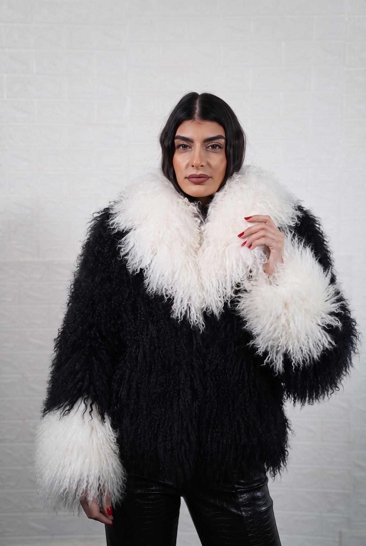 Mongolian jacket black and white wool sheepskin collar button closure hip level women — front view, TatiFurs