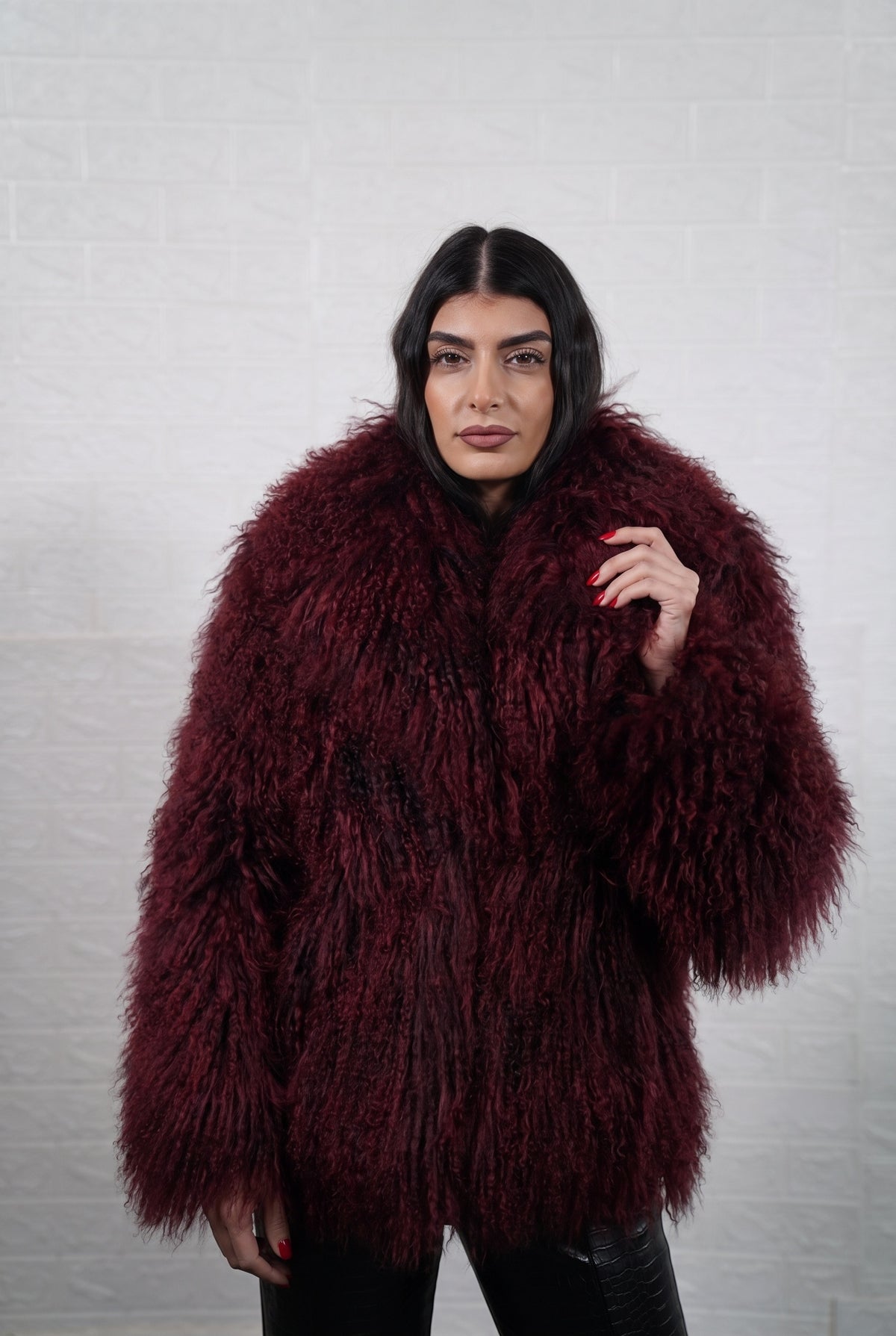 Mongolian jacket burgundy wool sheepskin collar button closure hip level women — front view, TatiFurs