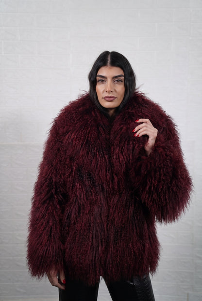 Mongolian jacket burgundy wool sheepskin collar button closure hip level women — front view, TatiFurs
