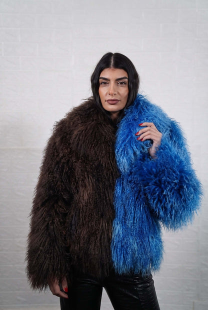Mongolian jacket dark brown blue wool sheepskin collar button closure hip level women — front view, TatiFurs